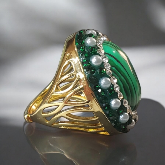 New Chunky Malachite Emerald Crystal Pearl Statement Ring - Picture 2 of 4